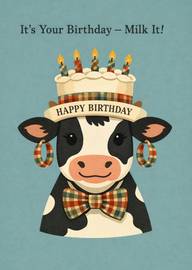 Cute cow wearing birthday cake hat and bow tie birthday card