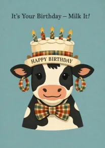 Cow wearing a birthday cake hat and bow tie says Happy Birthday with playful pun.