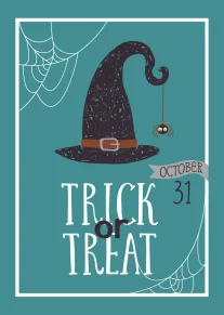 Teal Halloween card with witch hat, spider web, and Trick or Treat October 31 text.
