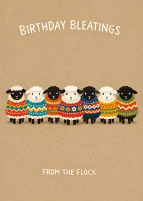 Seven sheep in sweaters surround Birthday Bleatings and From the Flock on kraft paper background.