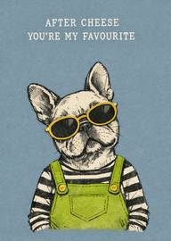 Cute dog wearing sunglasses and green overalls funny love card