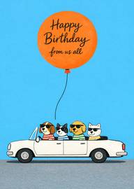 Happy Birthday Card with Dogs in Car and Balloon