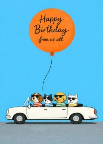 Four dogs in sunglasses ride a white convertible beneath an orange happy birthday balloon card.