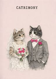 Illustrated cats dressed as bride and groom with wedding bouquet