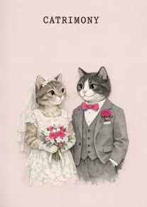 Bride and groom cats on a pale pink card reading CATRIMONY in bold type above.