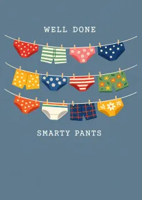 Colourful underwear hangs on clotheslines beneath Well Done Smarty Pants in a playful retro style.
