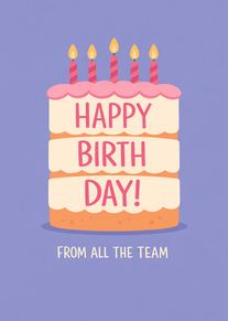 Birthday cake with candles and happy birthday text on a purple background.