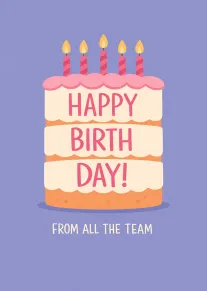 Birthday cake with candles and happy birthday text on a purple background.