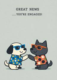 Cute cartoon dog and cat celebrating engagement