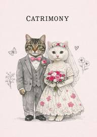 Humorous wedding card with cats dressed as bride and groom