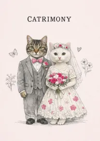 Watercolor cat bride and groom wedding card with bouquet, tuxedo, veil, and Catrimony text above.