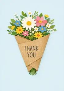 Bouquet of colourful flowers wrapped in kraft paper with Thank You text on blue background.