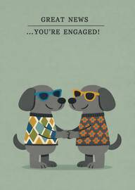 Cartoon dogs wearing sunglasses holding hands with engagement congratulations