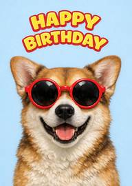 Happy birthday card with corgi dog wearing sunglasses