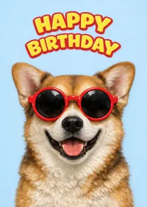 Smiling corgi wearing red sunglasses under Happy Birthday text on a light blue background card.