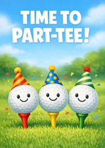 Three smiling golf balls in party hats stand in grass under Time to Part-Tee banner.