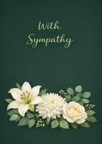 Dark green sympathy card with white lilies, rose, chrysanthemum, and the words With Sympathy front.