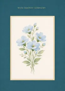 Blue watercolor flowers on a teal sympathy card with gold border and deepest sympathy text.