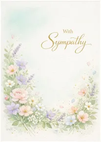 Watercolor floral wreath surrounding words With Sympathy in elegant gold script on soft cream background.