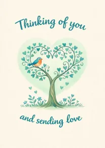 Teal heart-shaped tree with bird and floral details, reading Thinking of you and sending love.