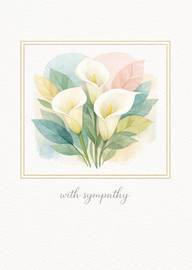 Watercolor calla lilies sympathy card with soft pastel leaves