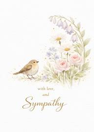 Watercolor bird with pastel flowers sympathy card with gold text