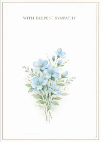 White sympathy card with blue watercolor flowers, gold border, and deepest sympathy text centered above.