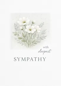 White watercolor flowers and leaves with deepest sympathy text on a soft grey sympathy card.