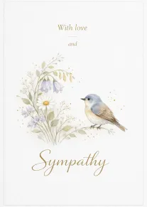 Watercolor bird beside pastel flowers with With love and Sympathy on a white textured card.