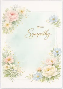Pastel watercolor flowers frame a card reading With Sympathy in elegant gold script.
