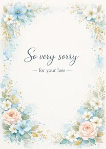 Watercolor floral sympathy card with blue blossoms and message So very sorry for your loss.