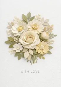 Paper flower bouquet in cream and sage with With Love text on textured white background.