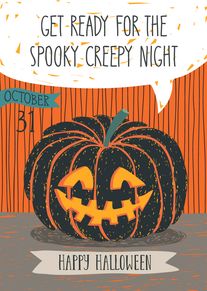 Spooky Halloween pumpkin card with October 31 and happy greeting