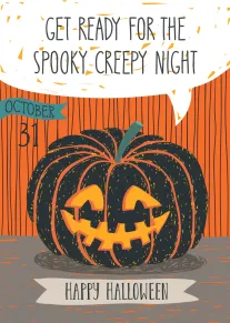 Black jack-o-lantern on orange striped background with spooky Halloween text and October 31 date featured.