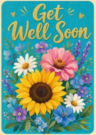 Gold Get Well Soon Floral Bouquet on Bright Turquoise Background