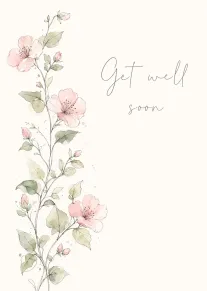 Watercolor pink blossoms and green vines with Get well soon text on a cream background.