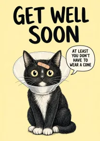 Black cat with cone collar and bandage says get well soon on pale yellow background.