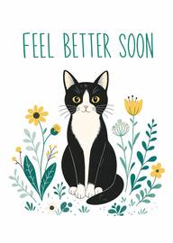 Feel Better Soon Cat Card with Flowers and Gentle Illustration