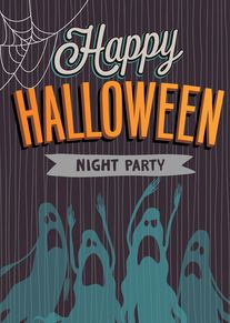 Happy Halloween night party card with spooky ghosts, spider webs, and bold orange lettering design.