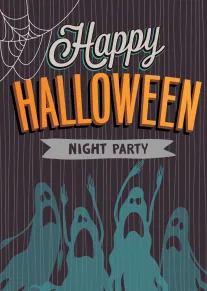 Happy Halloween night party card with spooky ghosts, spider webs, and bold orange lettering design.