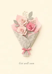 A pink paper flower bouquet with the words Get well soon on a cream background.