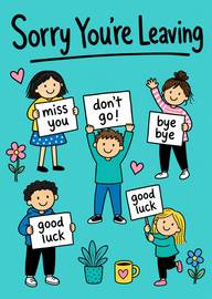 Cartoon kids holding signs farewell leaving goodbye good luck