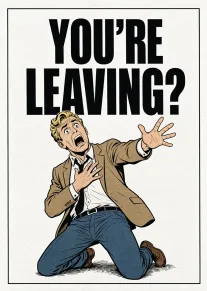 Shocked kneeling man in a suit beneath the words You're Leaving?