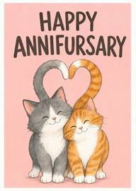 Two smiling cats with tails forming heart anniversary card