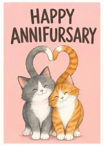 Two smiling cats form a heart under Happy Annifursary on a pink background.
