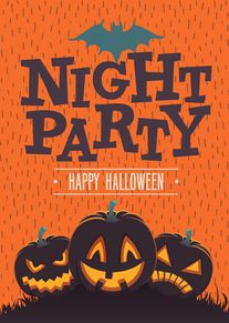 Orange Halloween card with bat icon, bold Night Party text, Happy Halloween, and smiling pumpkins.