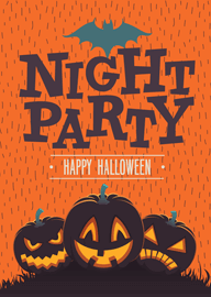 Halloween Night Party Card with Jack-o'-Lanterns and Bat