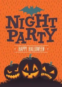 Orange Halloween card with bat icon, bold Night Party text, Happy Halloween, and smiling pumpkins.