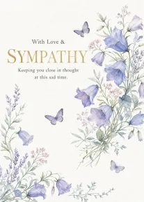Watercolor sympathy card with blue flowers, butterflies, and text saying with love and sympathy message.