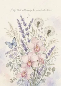 Watercolour flowers, butterflies and dandelions with a remembrance message for a loved one today card.
